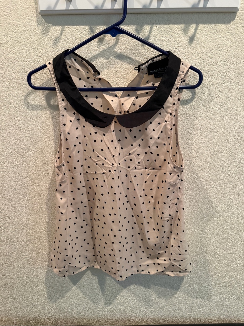 Cynthia Rowley Cream Polka Dot Sleeveless Top with Black Peter Pan Collar